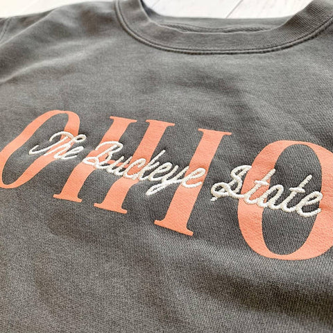 crew sweatshirt screen printed with ohio and embroidered with the buckeye state