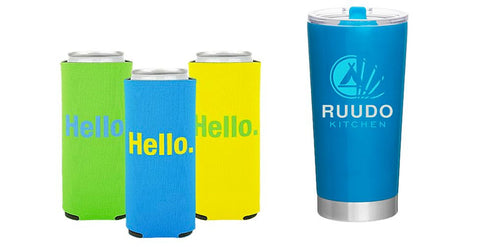 Summer Promo Items, slim can koozies and insulated tumbler to put your brand on 