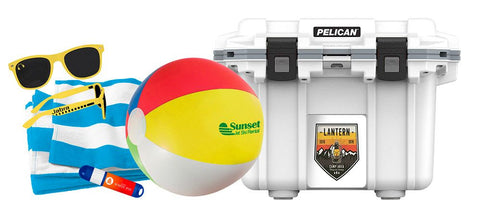 Summer promo items - towels, sunglasses, beach balls, coolers, and more