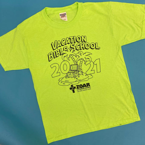 custom screen printed vacation bible school t-shirt for zoar lutheran