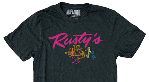gray and pink Rusty’s Jazz Cafe t-shirt