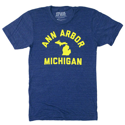 Ann Arbor, Michigan shirt with yellow text and map icon