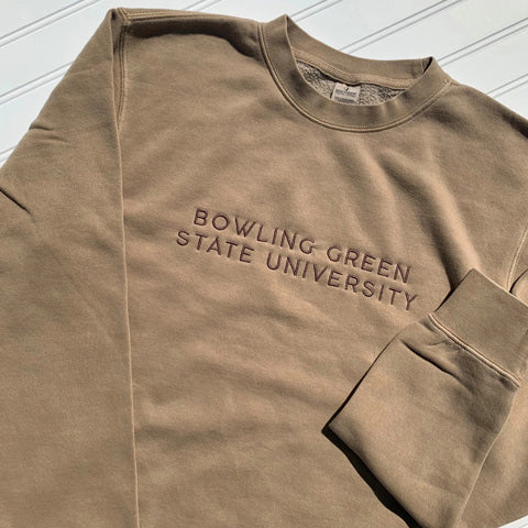 brown sweatshirt with Bowling Green University embroidery