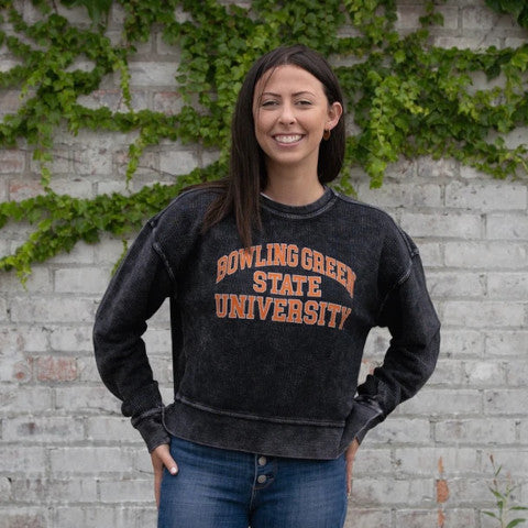 lady wearing a Bowling Green State University sweatshirt