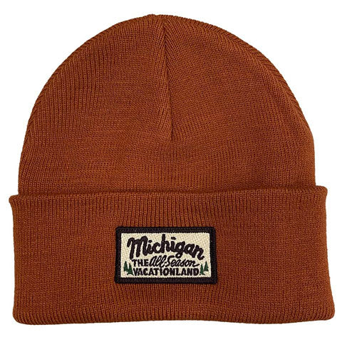 brown beanie with an embroidered Michigan patch