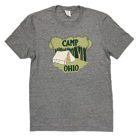 gray “Camp Ohio” t-shirt featuring a tent in the woods