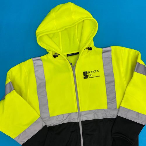 safety yellow hoodie with retro-reflective strip and construction company logo
