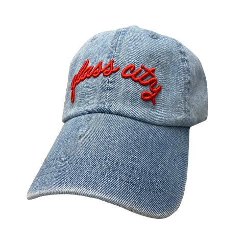 denim hat with small embroidery design