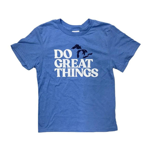 blue and white “Do Great Things” youth t-shirt