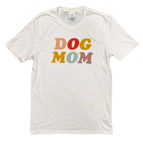 white “Dog Mom” shirt with colored block lettering