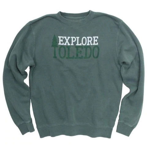 green sweatshirt with explore toledo branding