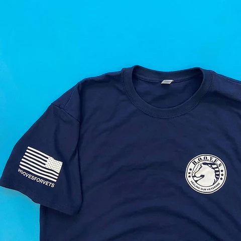 navy blue t-shirt with white flag print