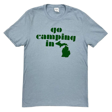 gray shirt with green text: go camping in Michigan
