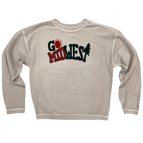 gray sweatshirt with Go Midwest branding