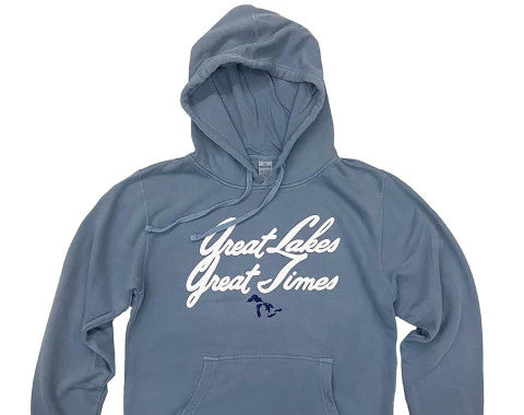 blue and white script “great lakes, great times” hooded sweatshirt