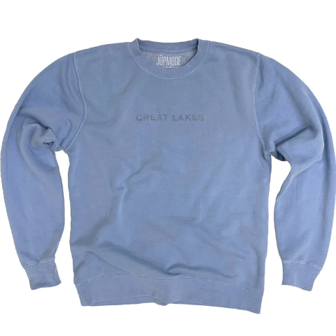 grey sweatshirt with “Great Lakes” embroidered on it