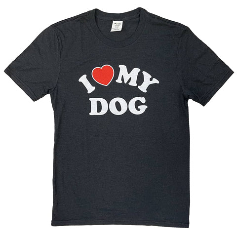 dark gray “I Love My Dog” shirt with white block lettering