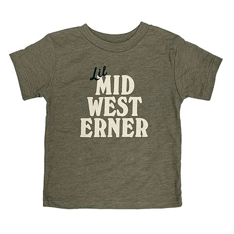 dark gray T-shirt with words “lil Midwesterner” in large font