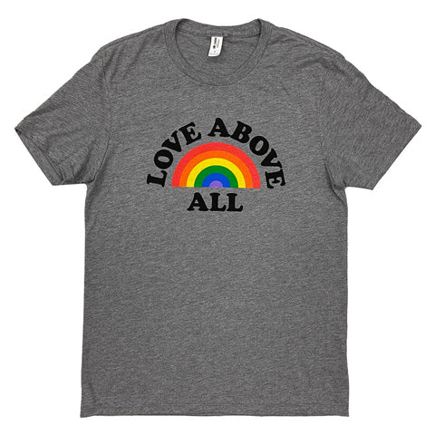 gray “Love Above All” rainbow shirt