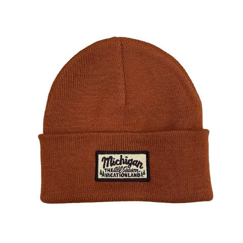 brown beanie with a woven Michigan patch