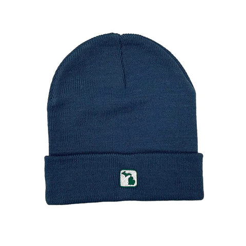 blue beanie hat with green embroidered Michigan icon