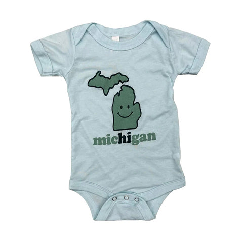 baby onesie with Michigan state icon and smiley face