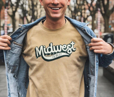 Midwest is Best’ tan pigment dyed sweatshirt