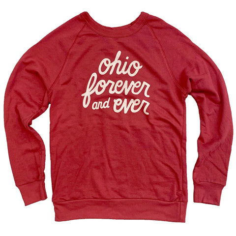 red sweatshirt with white cursive text “Ohio forever and ever”