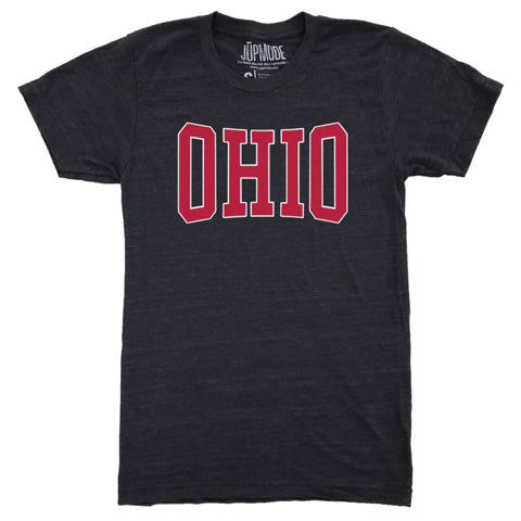 black unisex Ohio t-shirt with scarlet red block letters