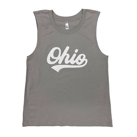 gray and white women’s script Ohio muscle tank top