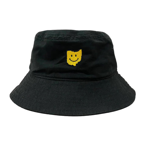 black bucket hat with yellow Ohio-shaped smiley face