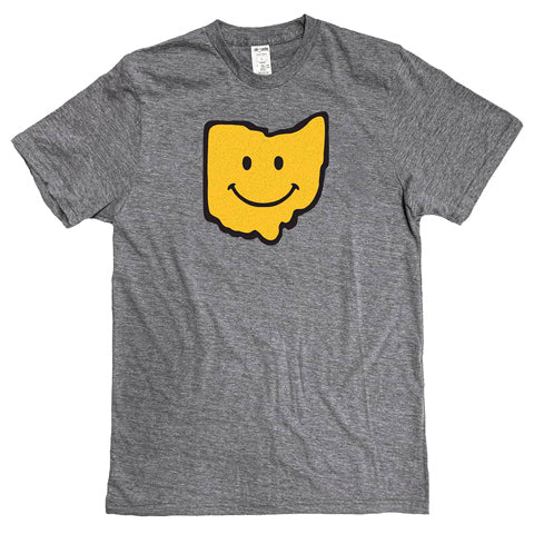gray t-shirt with a yellow Ohio-shaped smiley face
