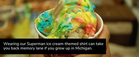 wearing our superman ice cream themed shirt