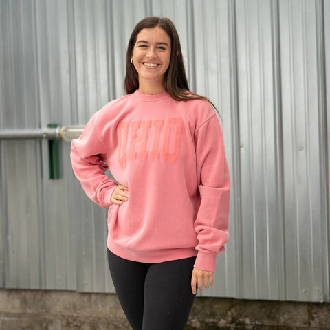 lady wearing Ohio Pink Pigment Dyed Sweatshirt