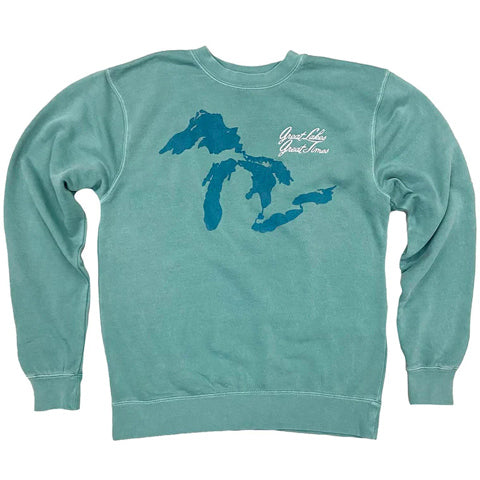 light blue crewneck sweatshirt with map of the Great Lakes