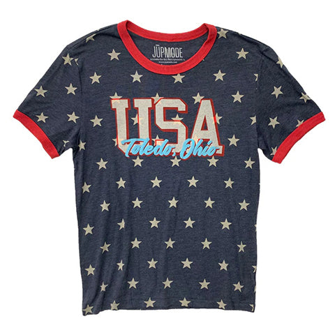 navy blue t-shirt with American flag stars