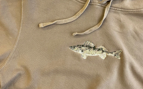 embroidered Walleye fish on a brown hooded sweatshirt 