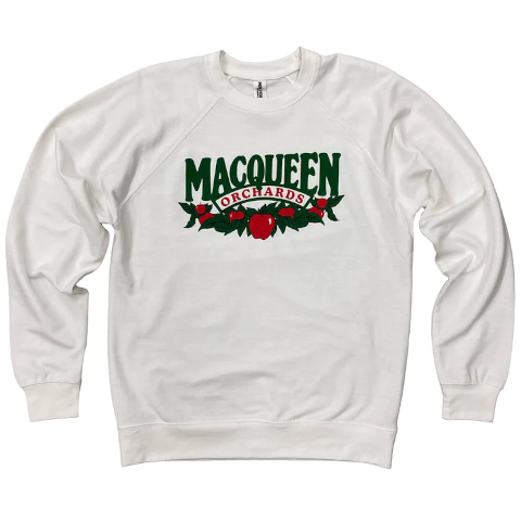 white sweatshirt with green and red embroidery at the front 