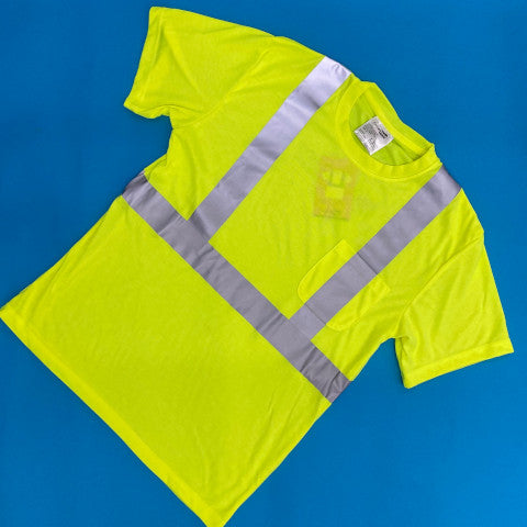yellow-green work shirt with retro-reflective stripes