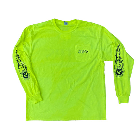 long-sleeved safety yellow construction shirt with pocket and company branding
