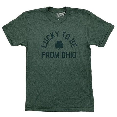 shirt with the text lucky to be from ohio with shamrock on it