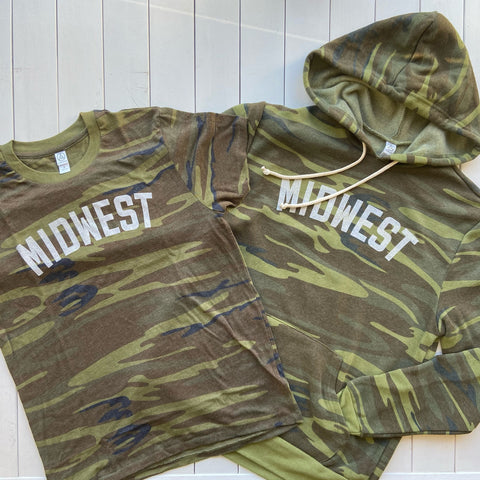 camo t-shirt and hoodie that says midwest