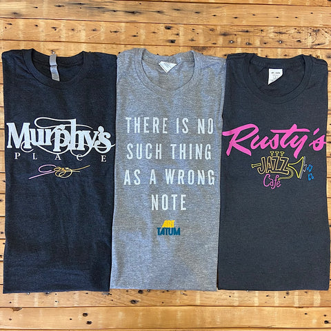 murphys place art tatum and rustys jazz cafe shirts in a row of three