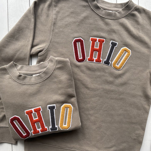 sweatshirt with chenille letters that spell ohio in different colors