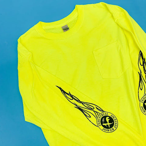 safety yellow custom shirt with neck taping on the inside back neckline for durability
