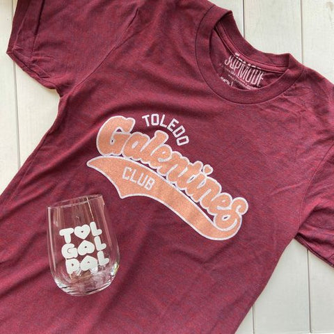 toledo galentine's day club shirt with a tol gal pal stemless wine glass on it